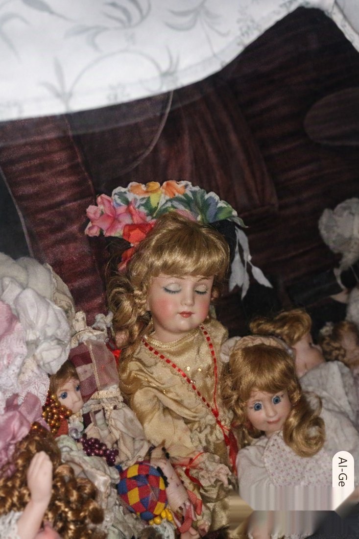 Antique porcelain dolls from the collection that rides in the hearse